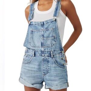 ❤️ Free People Ziggy Light Blue Denim Shorts Overalls Size Large